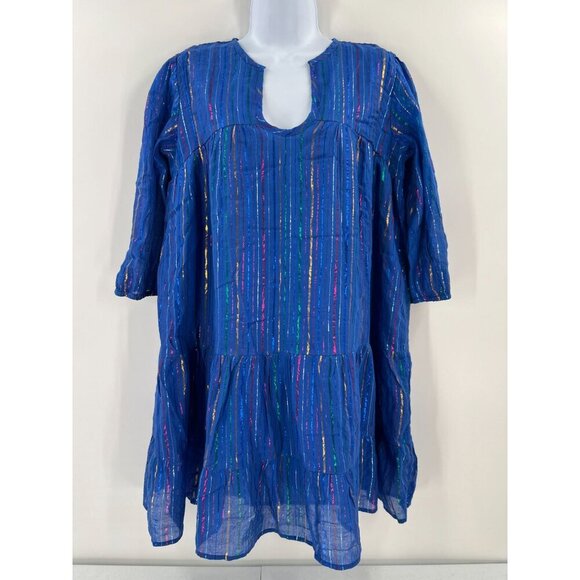 Mer St. Barth M Blue Tiered Tunic Dress Mini Metallic Stripe Boho Resort - Picture 1 of 10